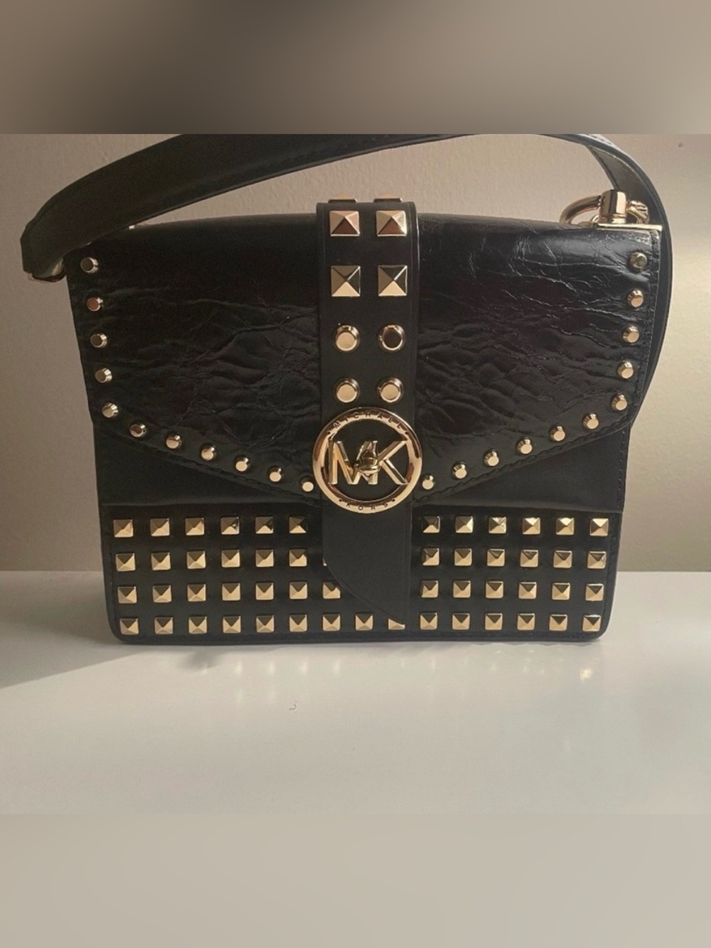 Michael Kors Black Leather Crossbody with Gold Studs